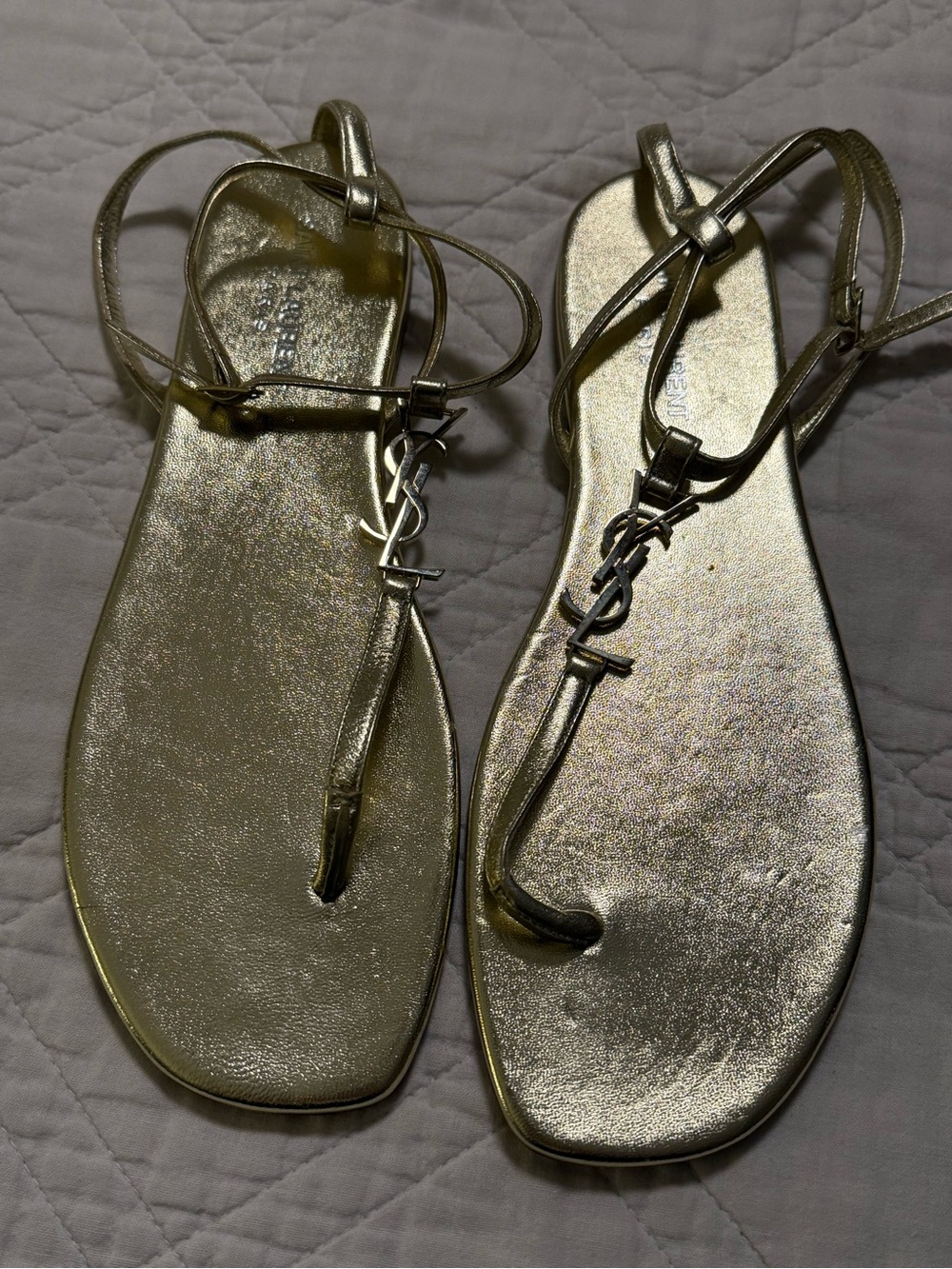 Yves Saint Laurent Metallic Gold Logo Thong Sandals